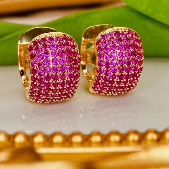 Elegant Pink Pave CZ and Gold Lace Hoop Earrings - Picture 1 of 6